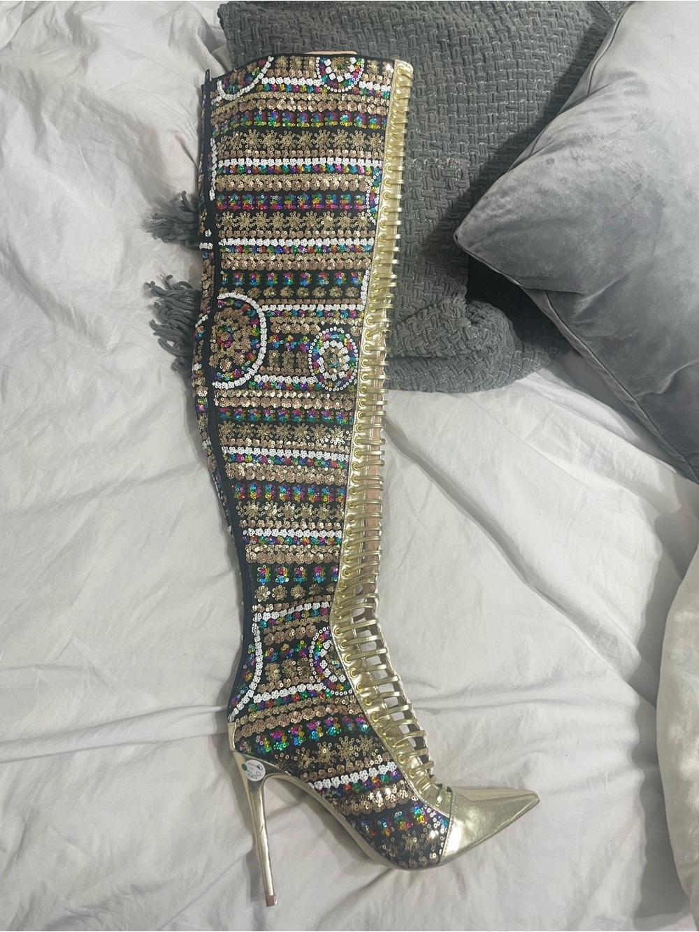 Embellished Gold High-Stiletto Thigh Boots - Multi Sequins - Picture 8 of 10